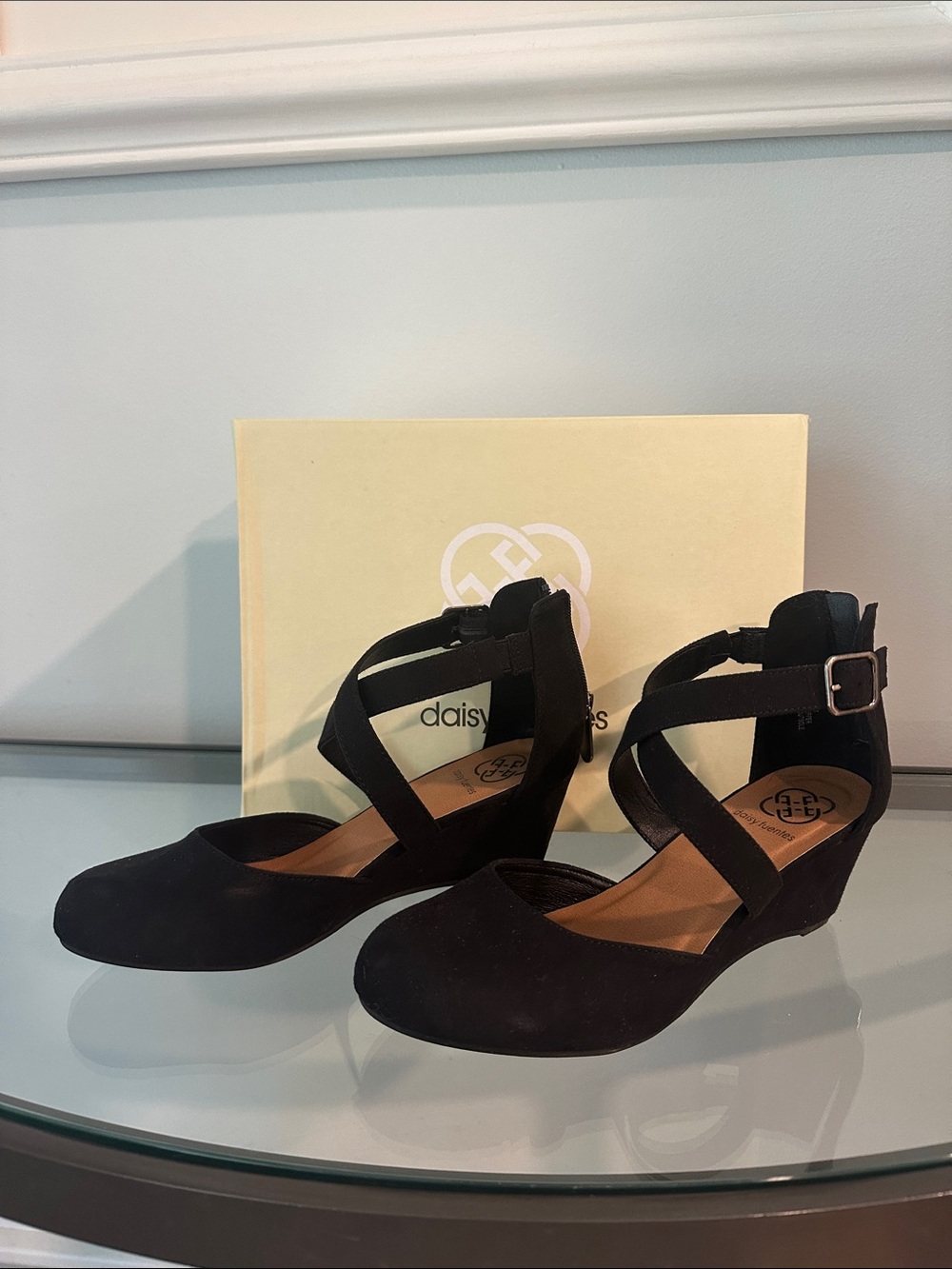Daisy Fuentes Black Suede Crisscross Ankle Strap Wedges
